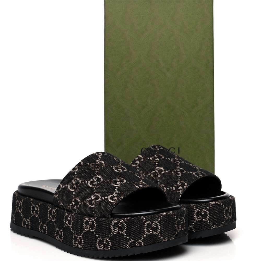 GUCCI LOGO BLACK DENIM ANGELINE SLIDE 🖤